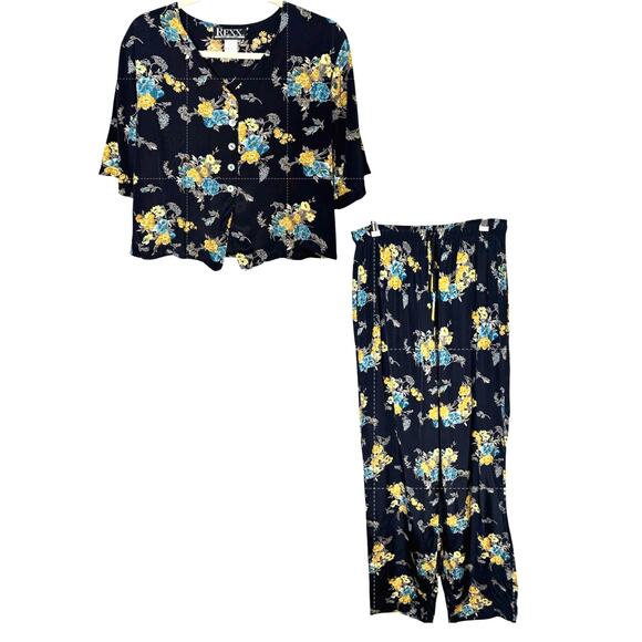 90s Vintage REXX Black Floral Lounge Set - Size M - 100% Rayon - Picture 1 of 5